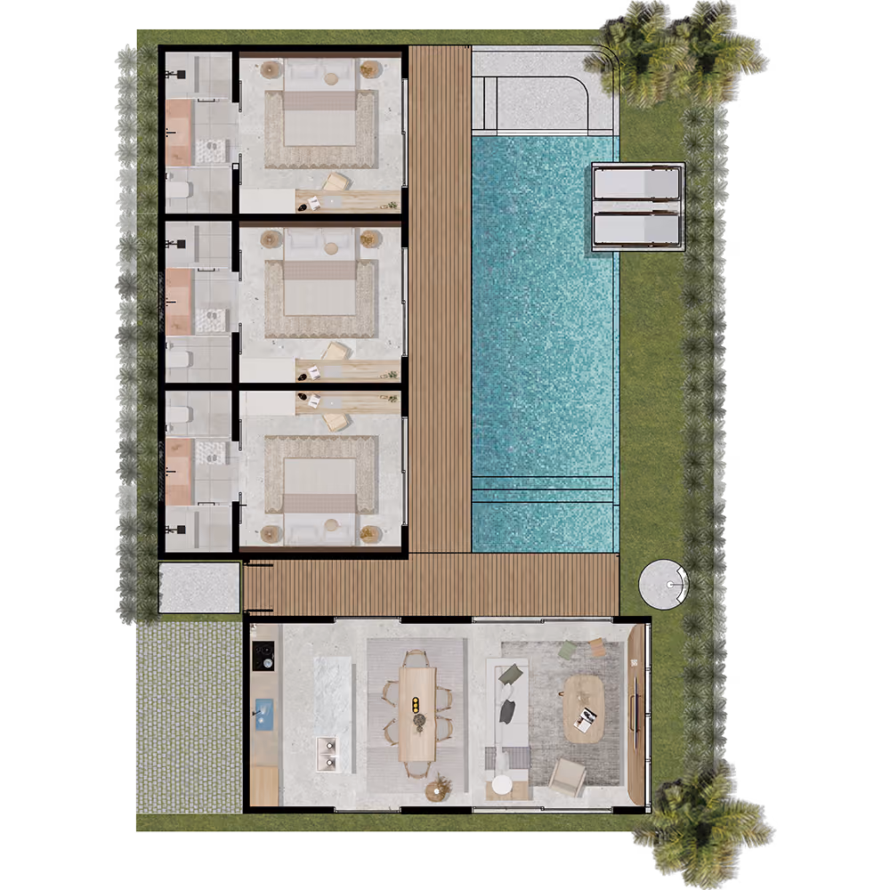 Top down floor plan of 2 bedroom villa layout with parking and pool