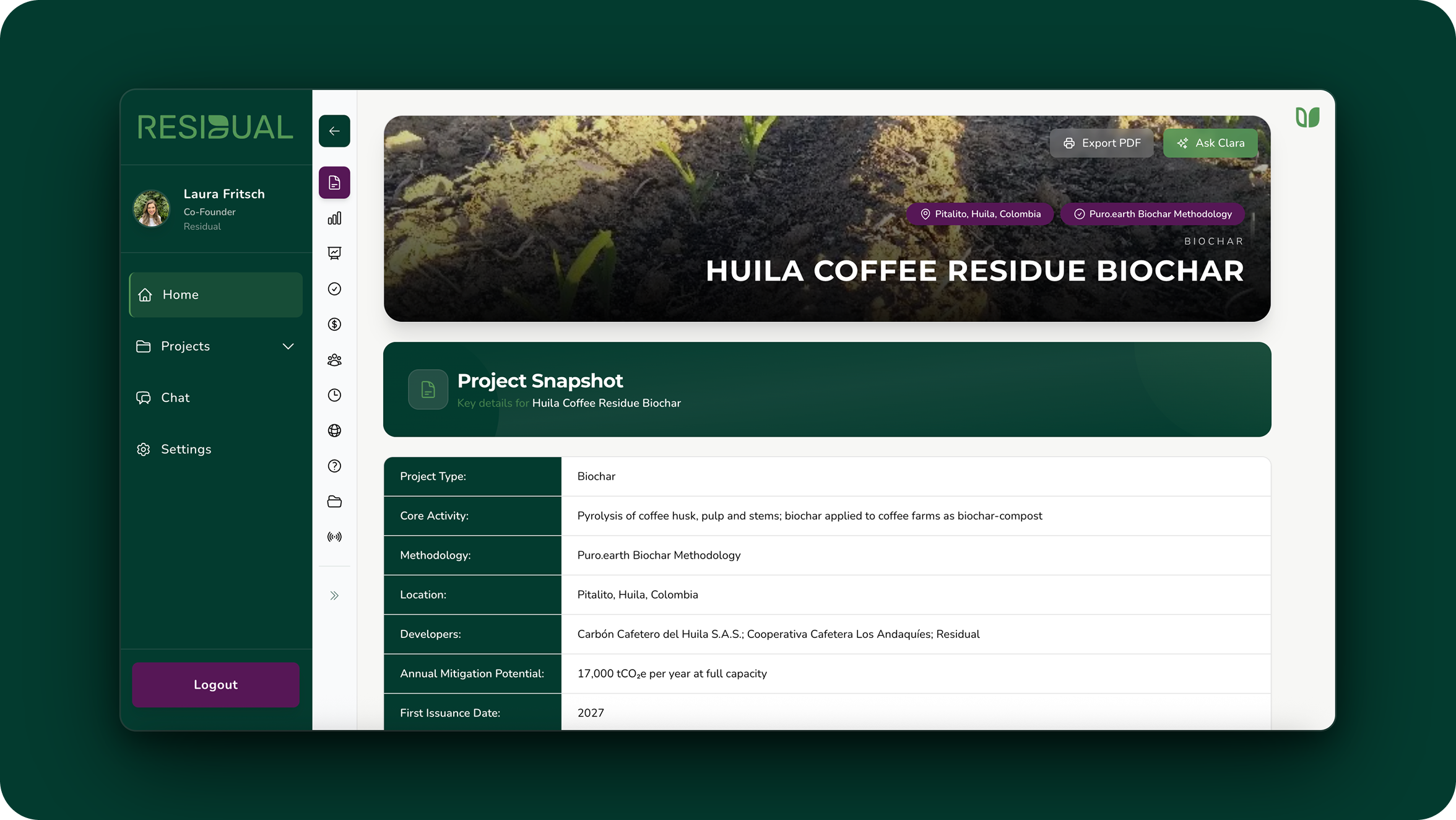 screenshot of the residual buyer portal showing a project snapshot table and a section navigation rail