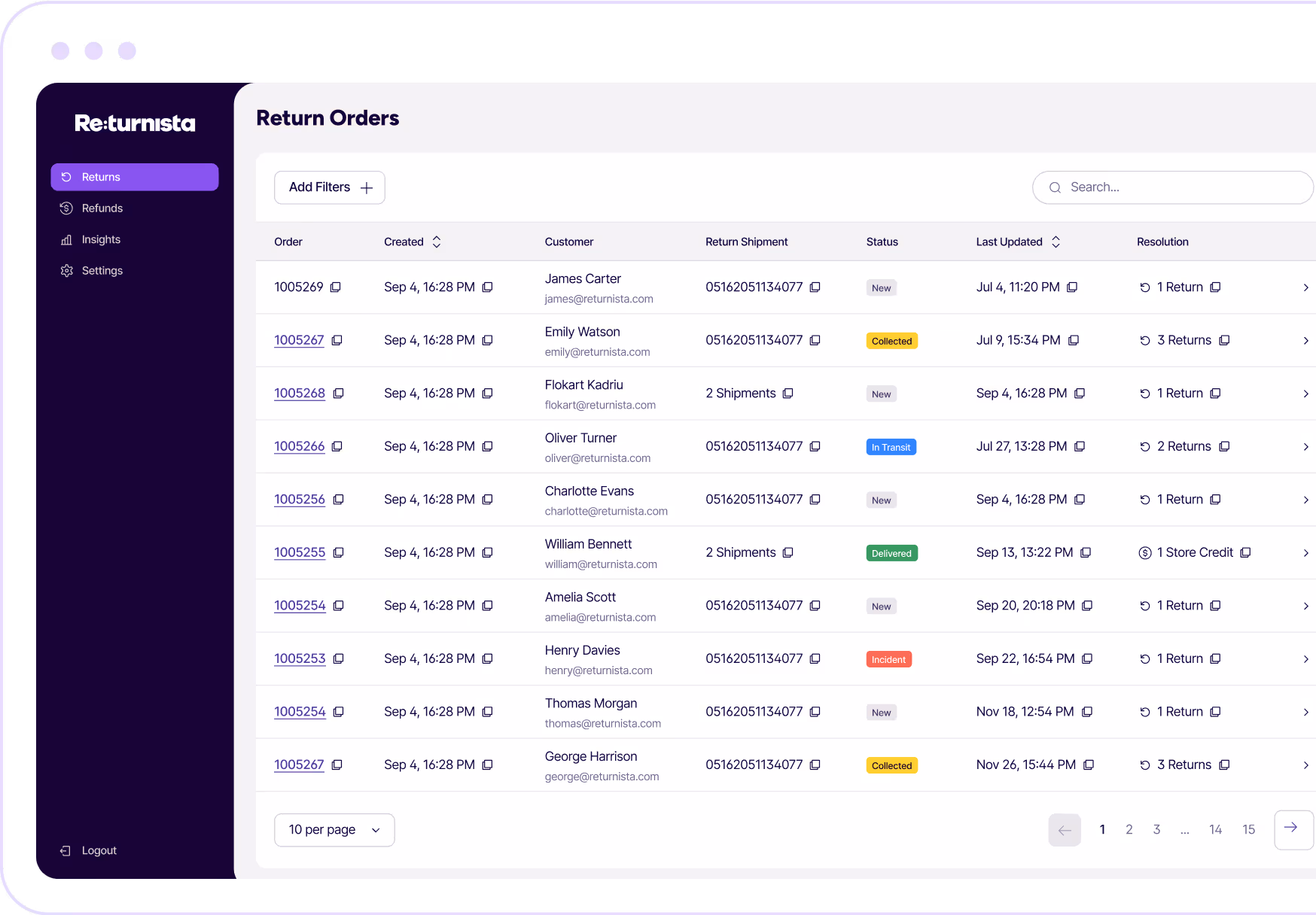 Dashboard interface showing a list of return orders with columns for order number, creation date, customer name and email, return shipment details, status labels, last updated date, and resolution options.