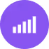 White signal bars icon showing increasing height on a purple circular background.