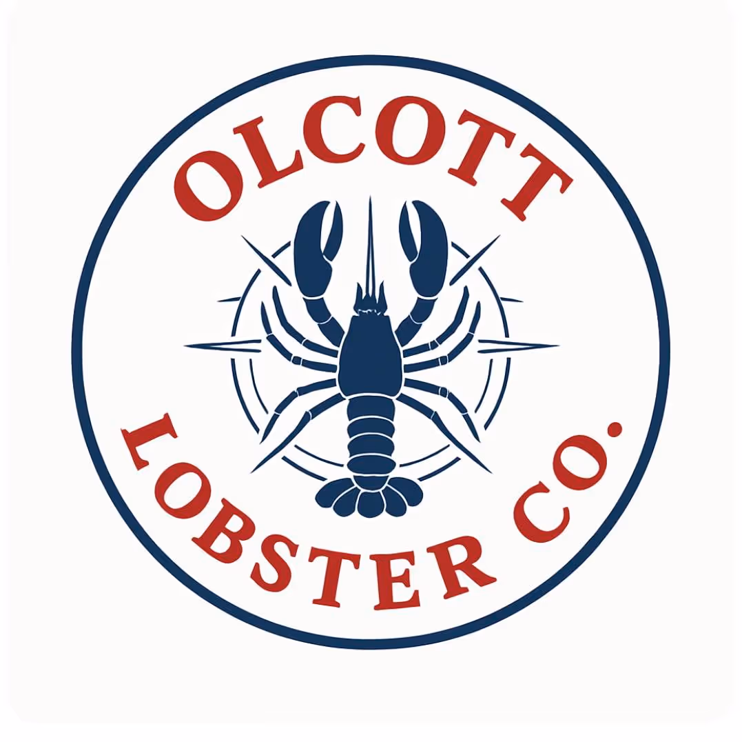 Logo of Olcott Lobster Co. featuring a blue lobster with compass points in a circle with red text.