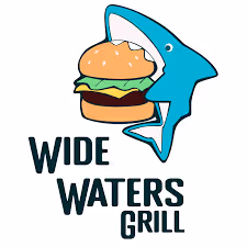 Logo of Wide Waters Grill featuring a shark biting a cheeseburger above the restaurant name.