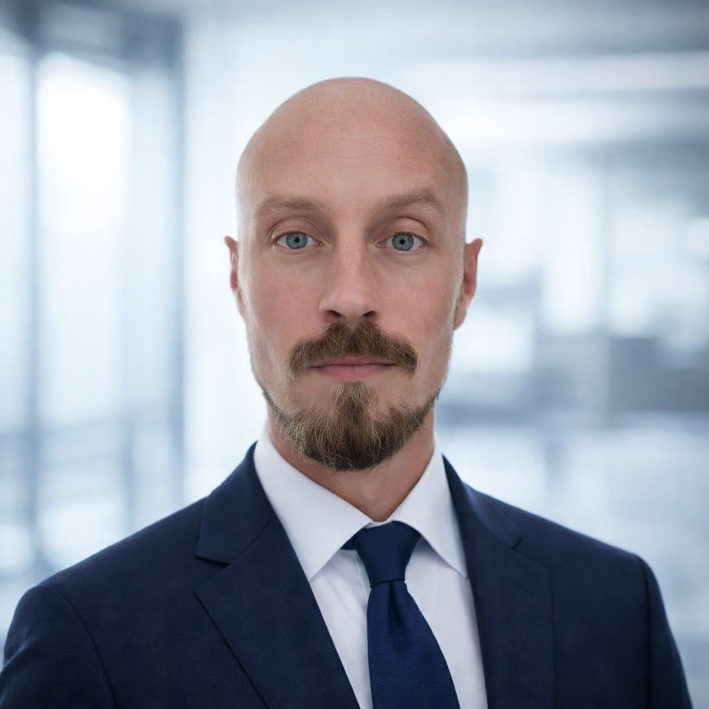 Portrait of a bald man with blue eyes, a goatee, and a mustache wearing a navy suit and tie in a modern office.