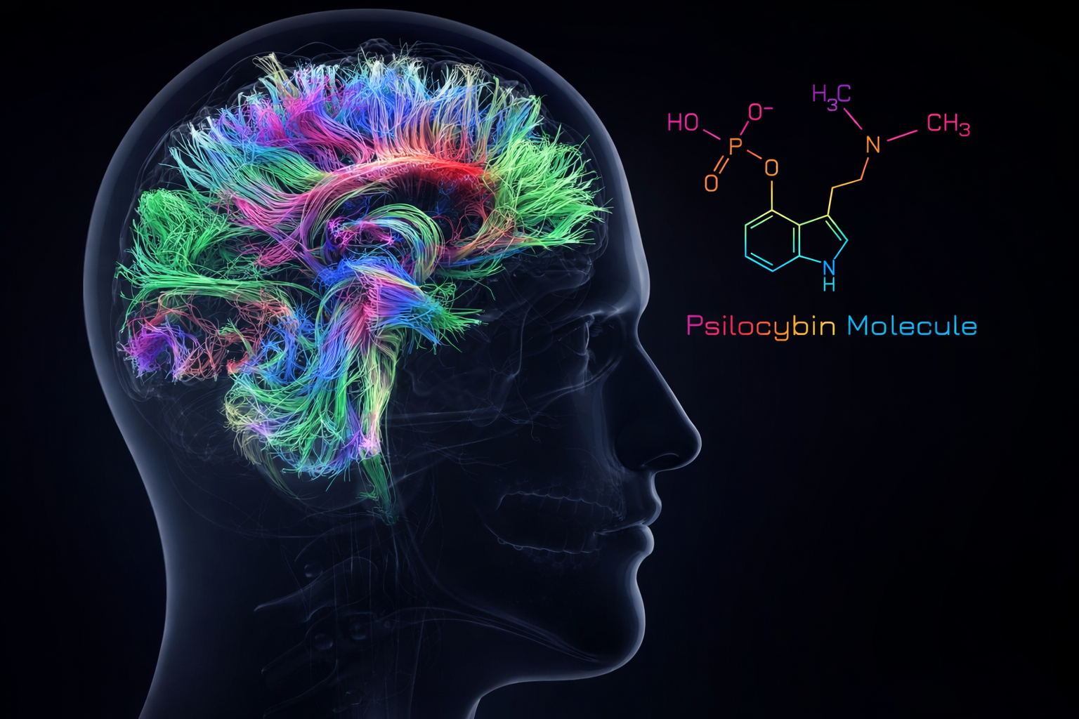 Side view MRI scan of a transparent human head showing colorful neural pathways inside the brain.