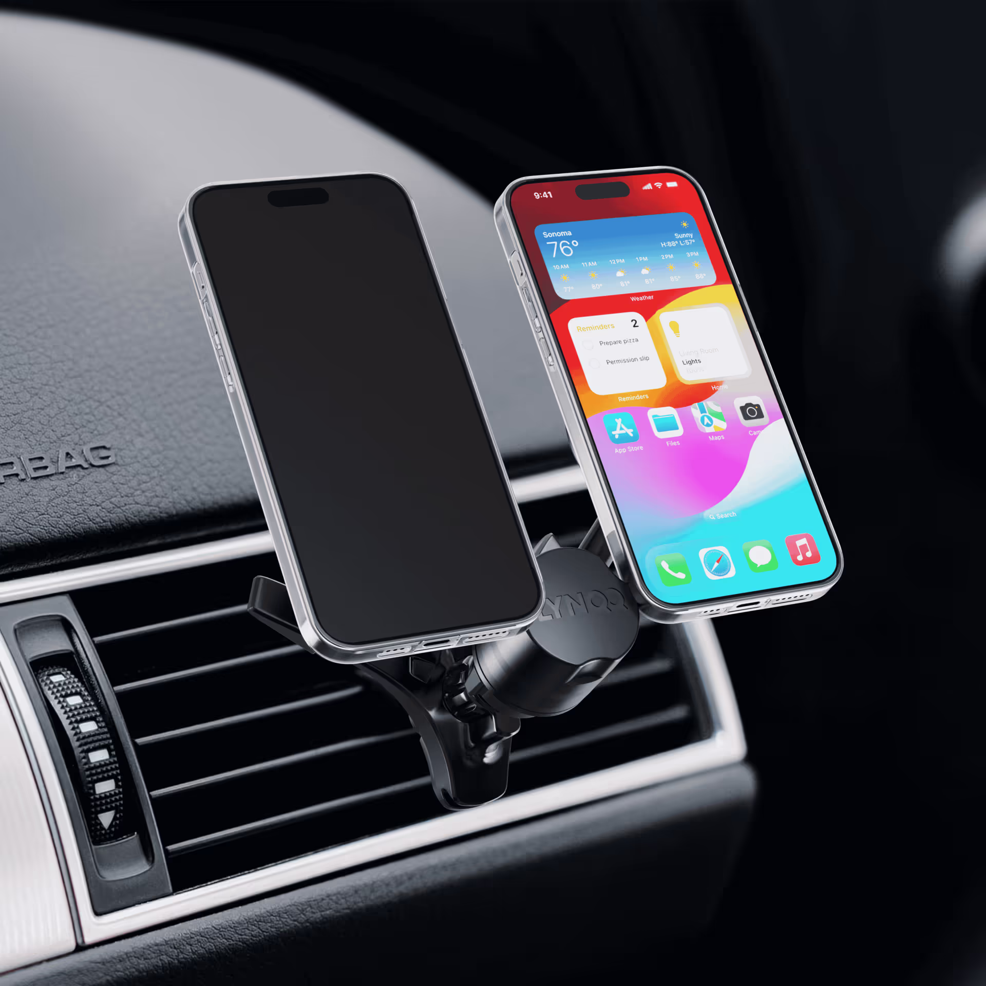 Two smartphones mounted on a car air vent holder, showing home screens
