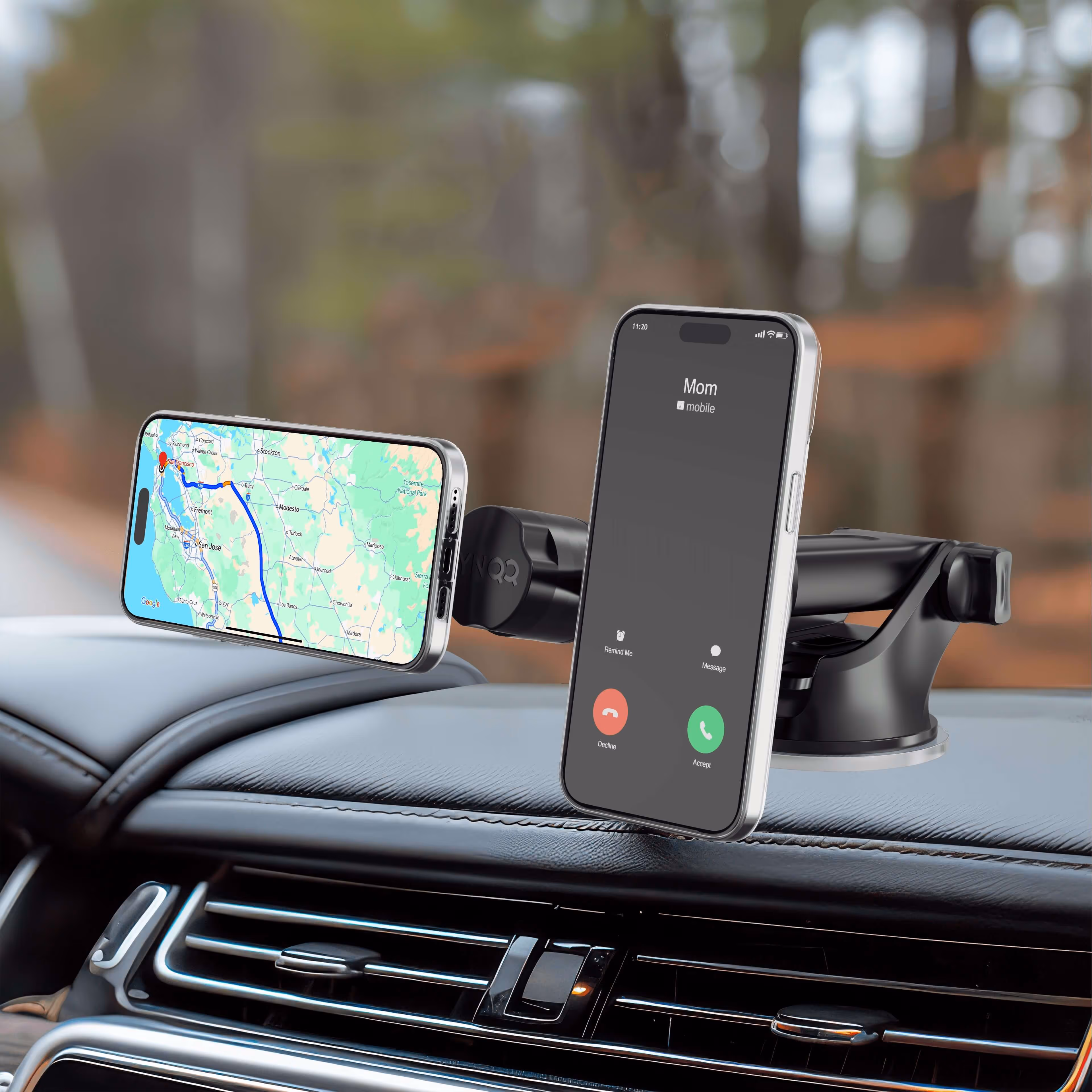 Smartphone mount in car showing GPS map and incoming call from Mom
