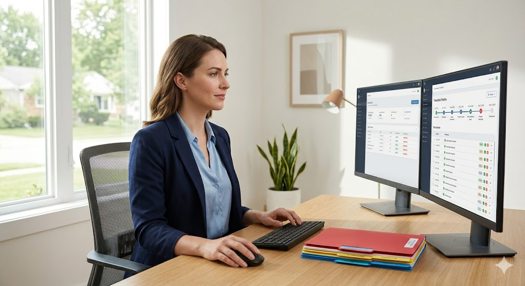 Transaction coordinator working at organized desk with dual monitors