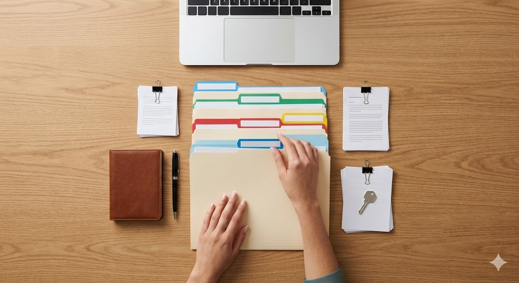 Organized real estate transaction documents and folders on desk