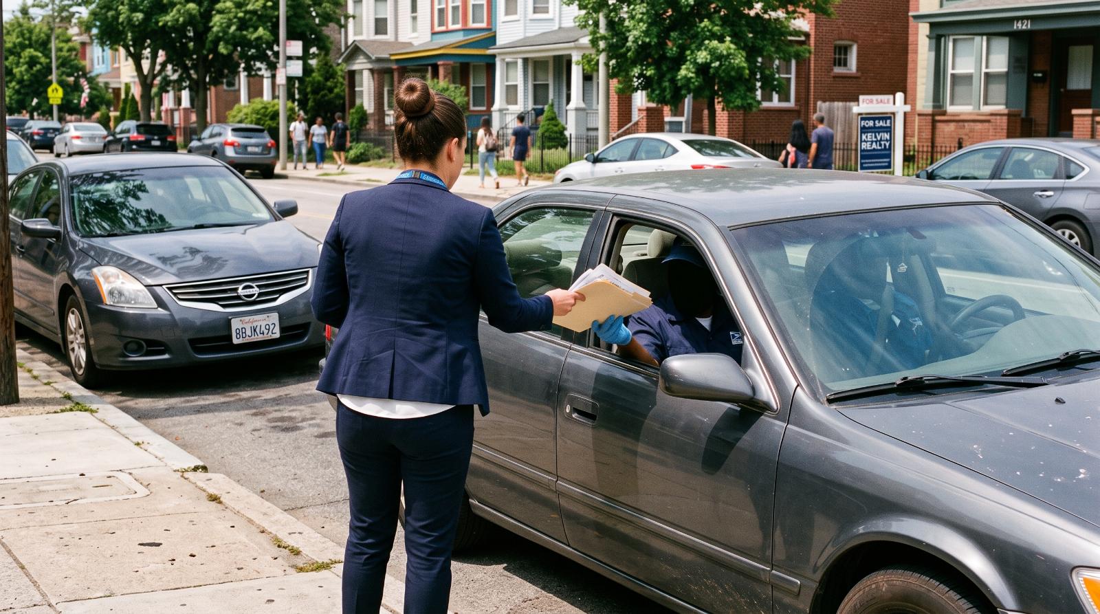 Real estate agent handing off a file folder to a courier at curbside