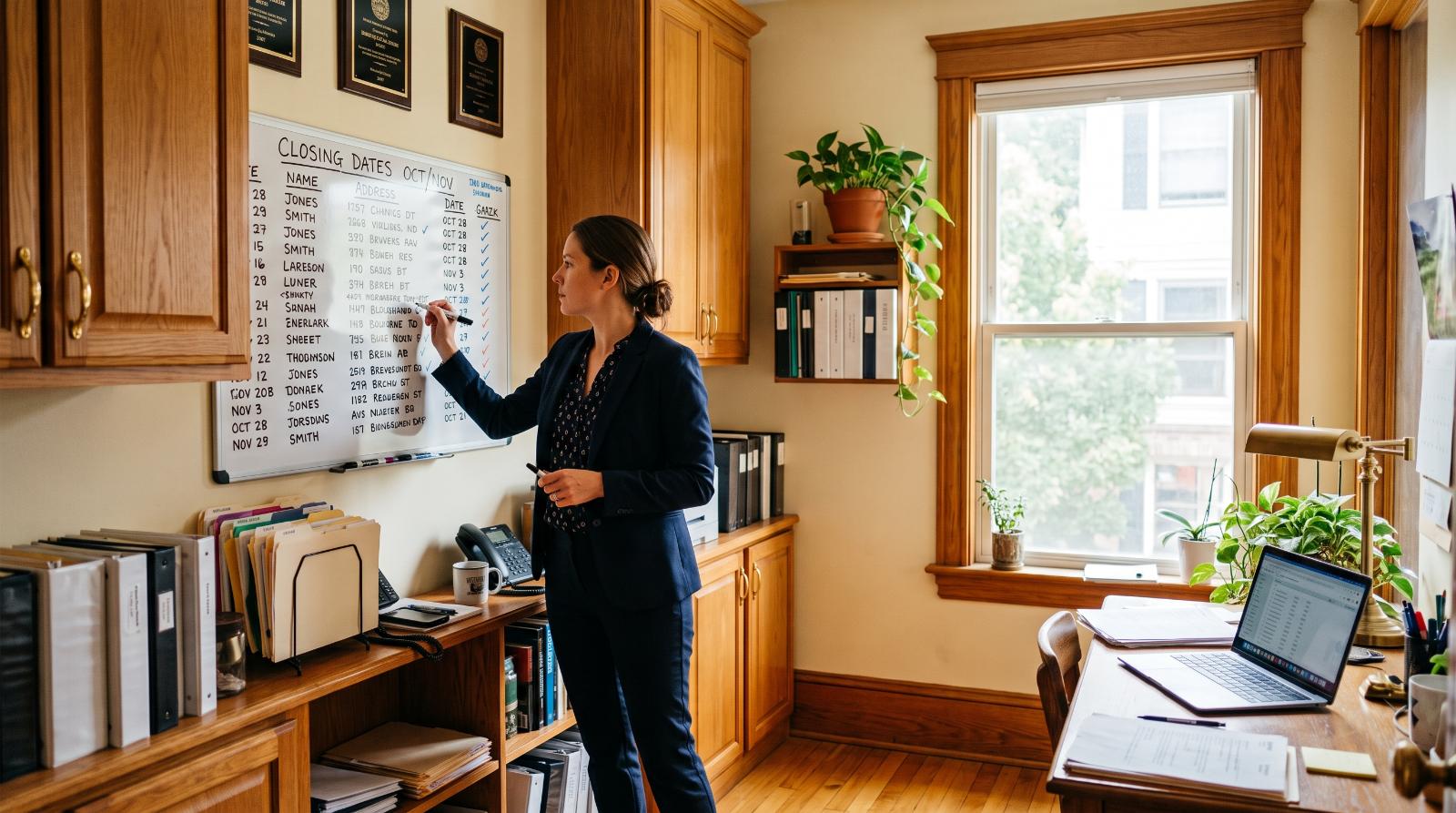 Agent reviewing a whiteboard of upcoming closing dates in the office