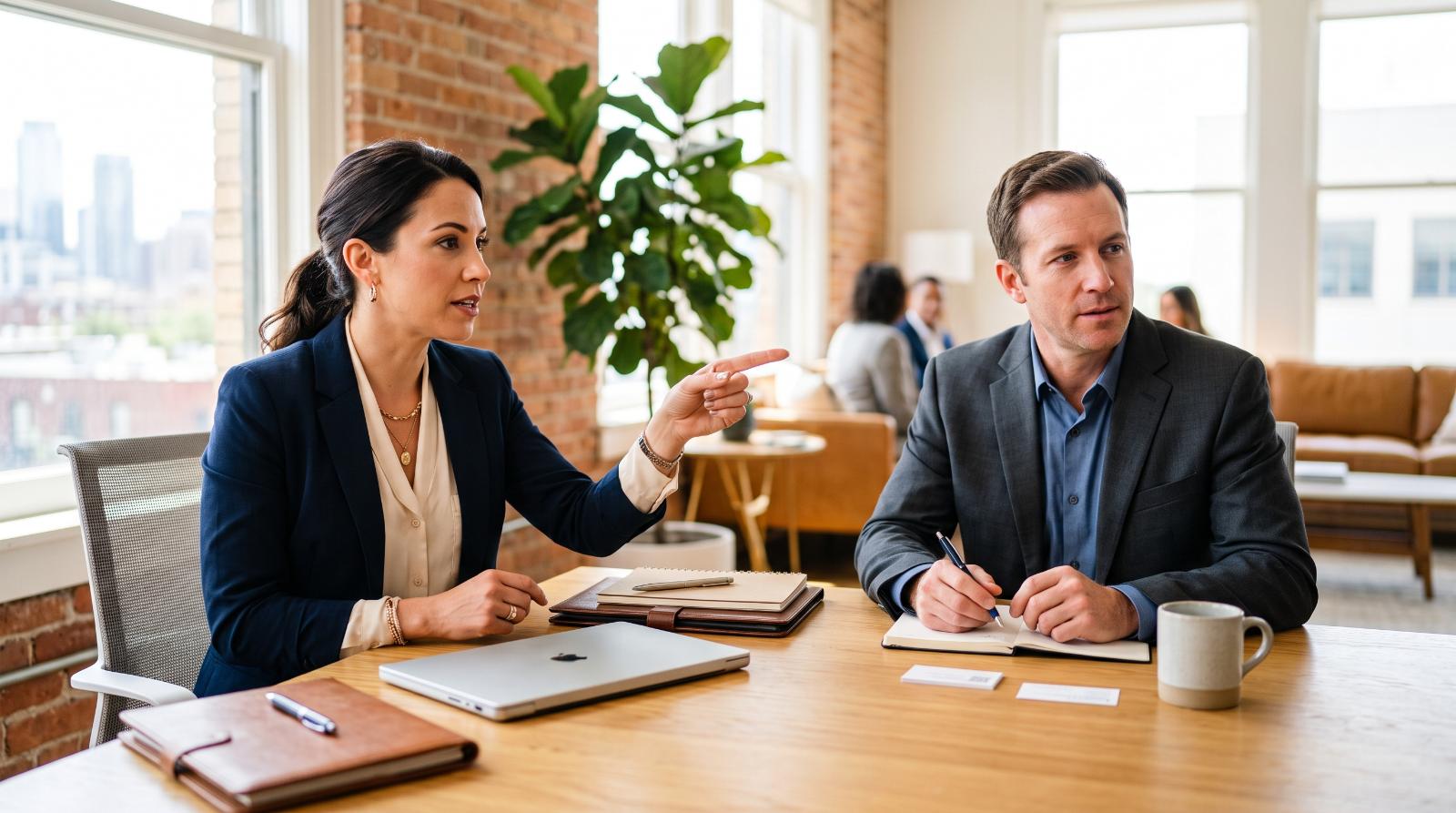 Two agents discussing file coverage at a shared office desk