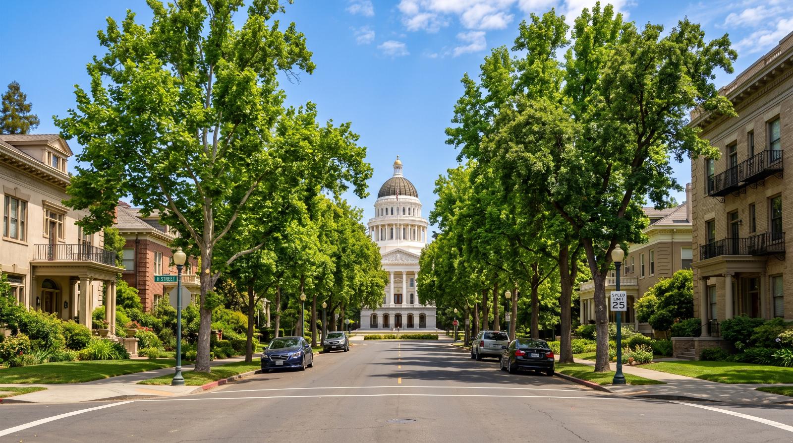 Tree-lined street near the California State Capitol in Sacramento