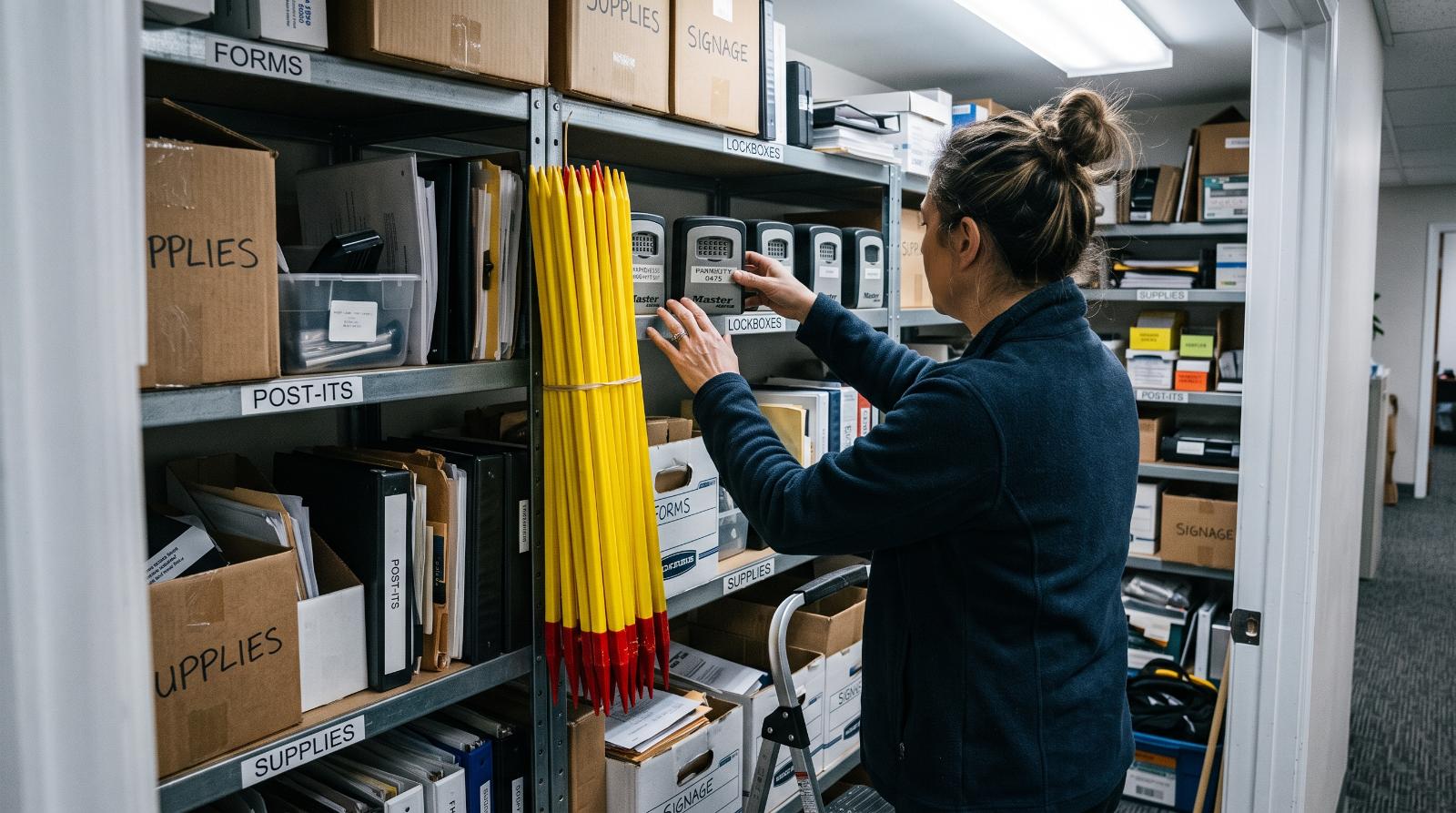 Office manager restocking supplies including lockboxes and yard sign stakes