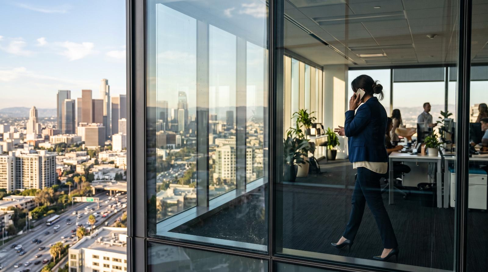 Agent on a phone call pacing near an office window