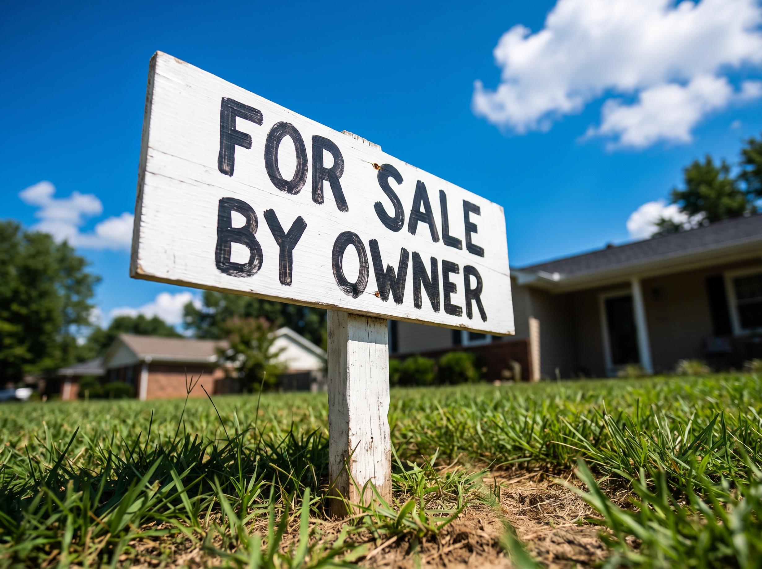 a hand-lettered "For Sale By Owner" yard sign staked in a front lawn