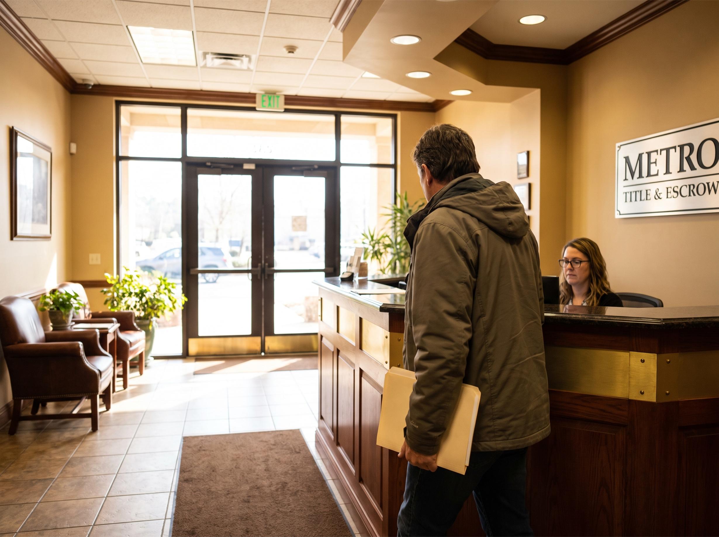 a homeowner walking up to a title company front desk to drop off a signed disclosure packet,