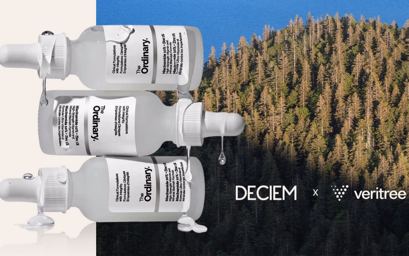 Three cosmetics bottles pictured on top of the forest landscape