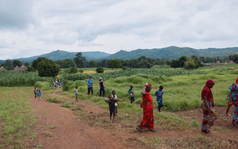 Community members walking through an agroforestry restoration landscape in Senegal.