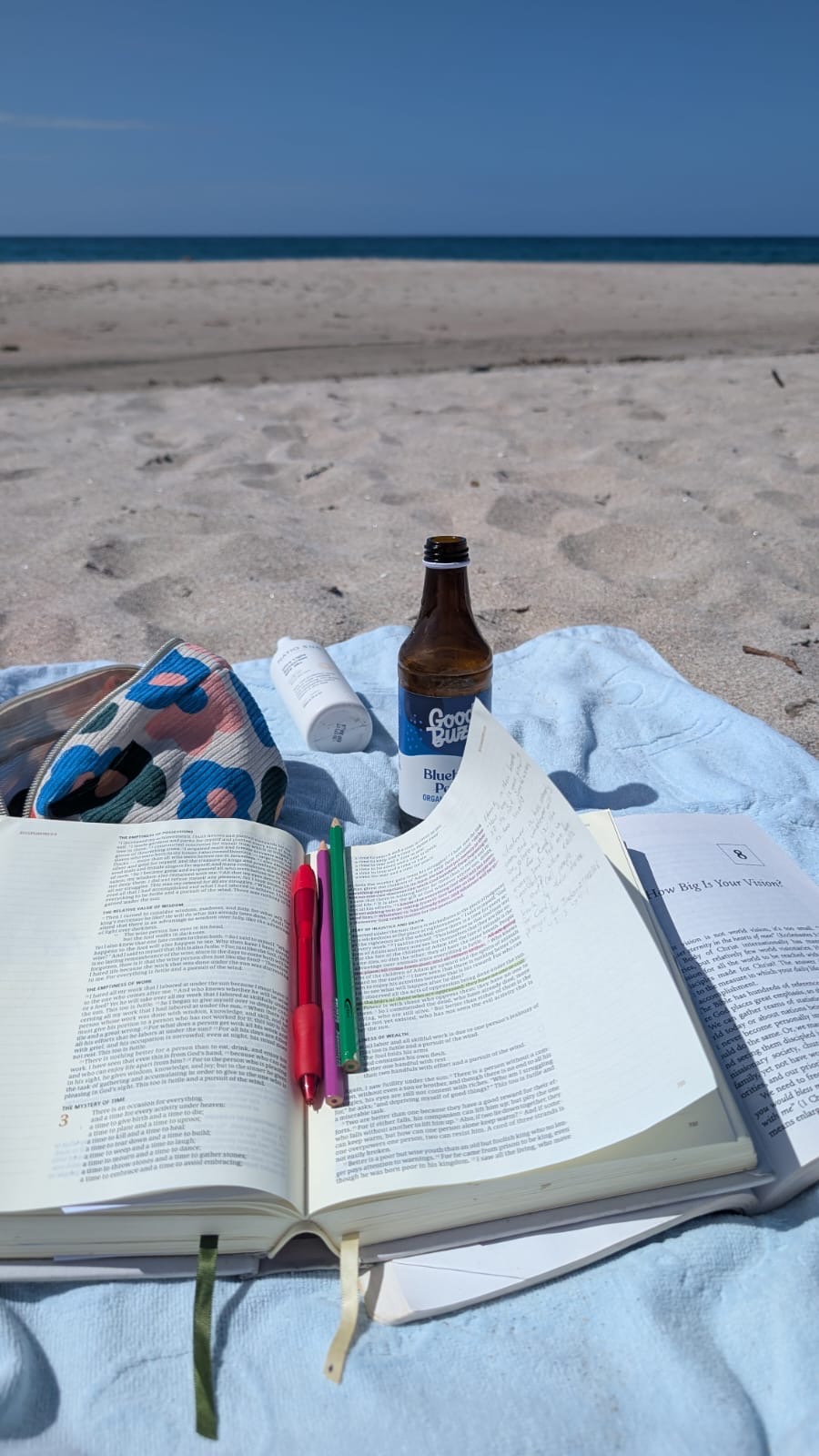 Open book on a blue towel at a sandy beach with pens, sunscreen, beer bottle, and a patterned bag.