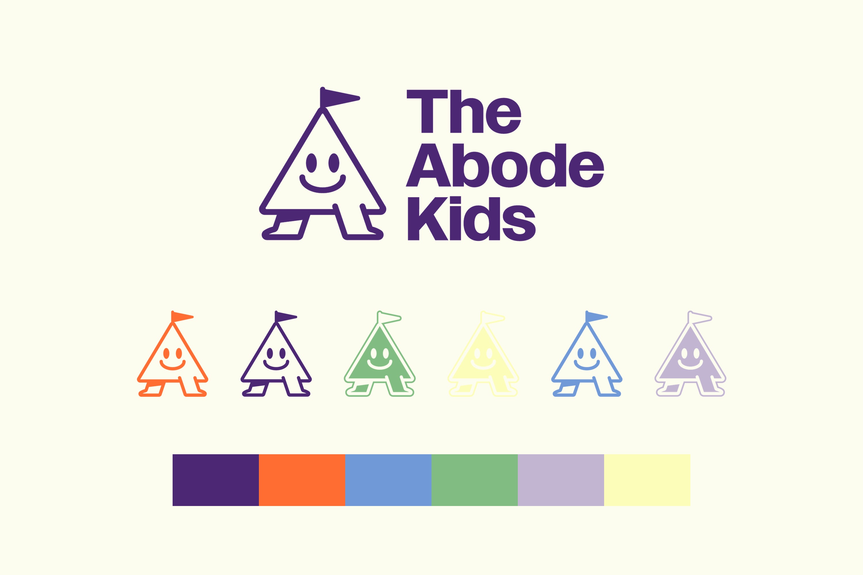 The Abode Kids brand board: TAK lockup, mascot colorways, and six-color palette