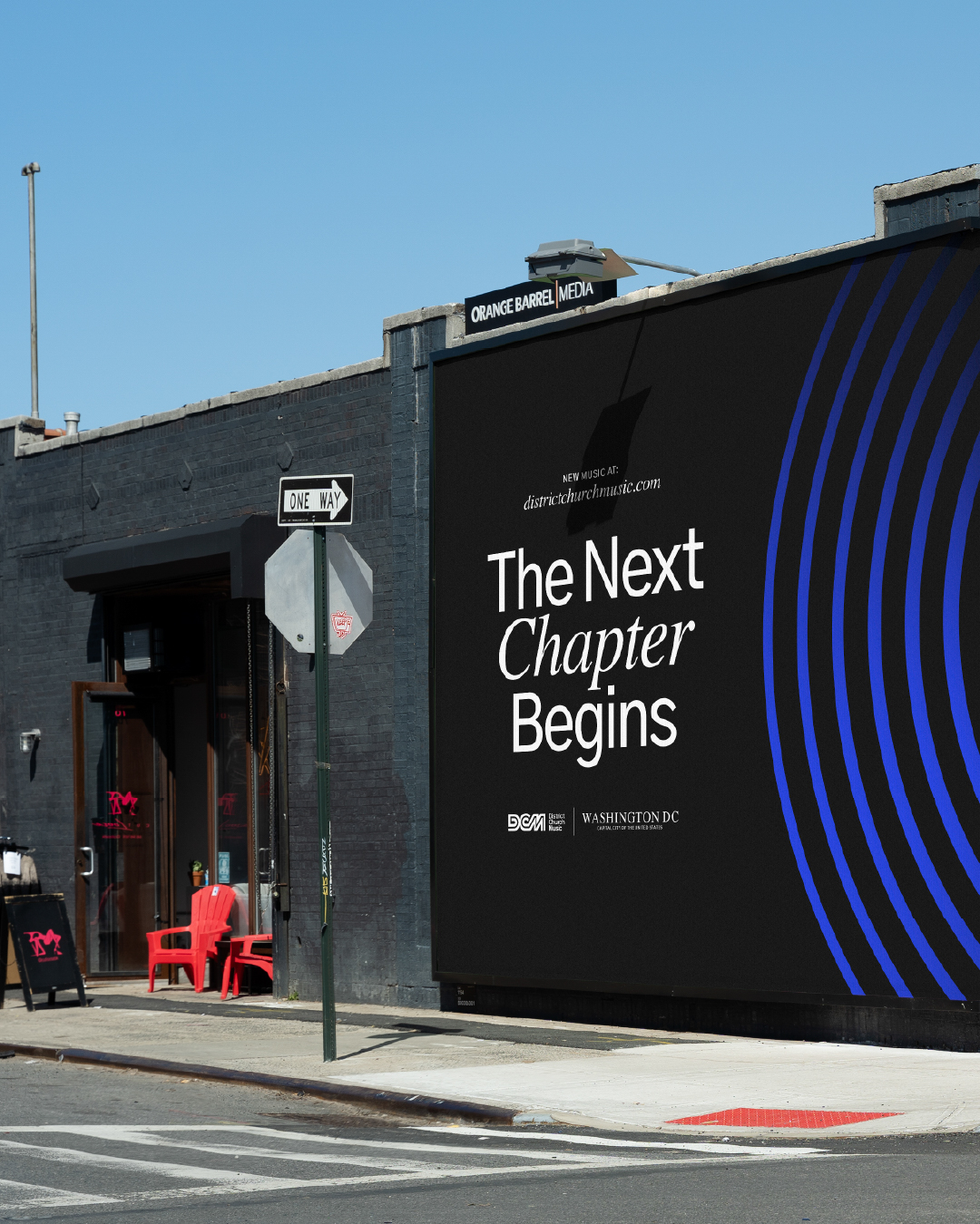DCM corner mural: The Next Chapter Begins, trumpet player inside blue rings
