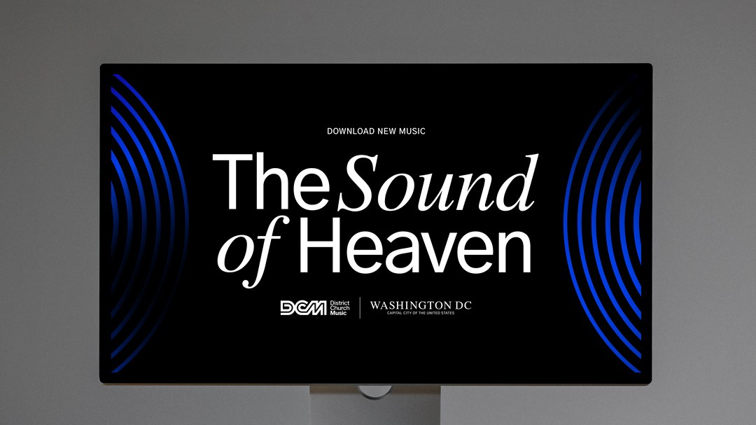 District Church Music screen mockup: The Sound of Heaven headline inside concentric blue rings
