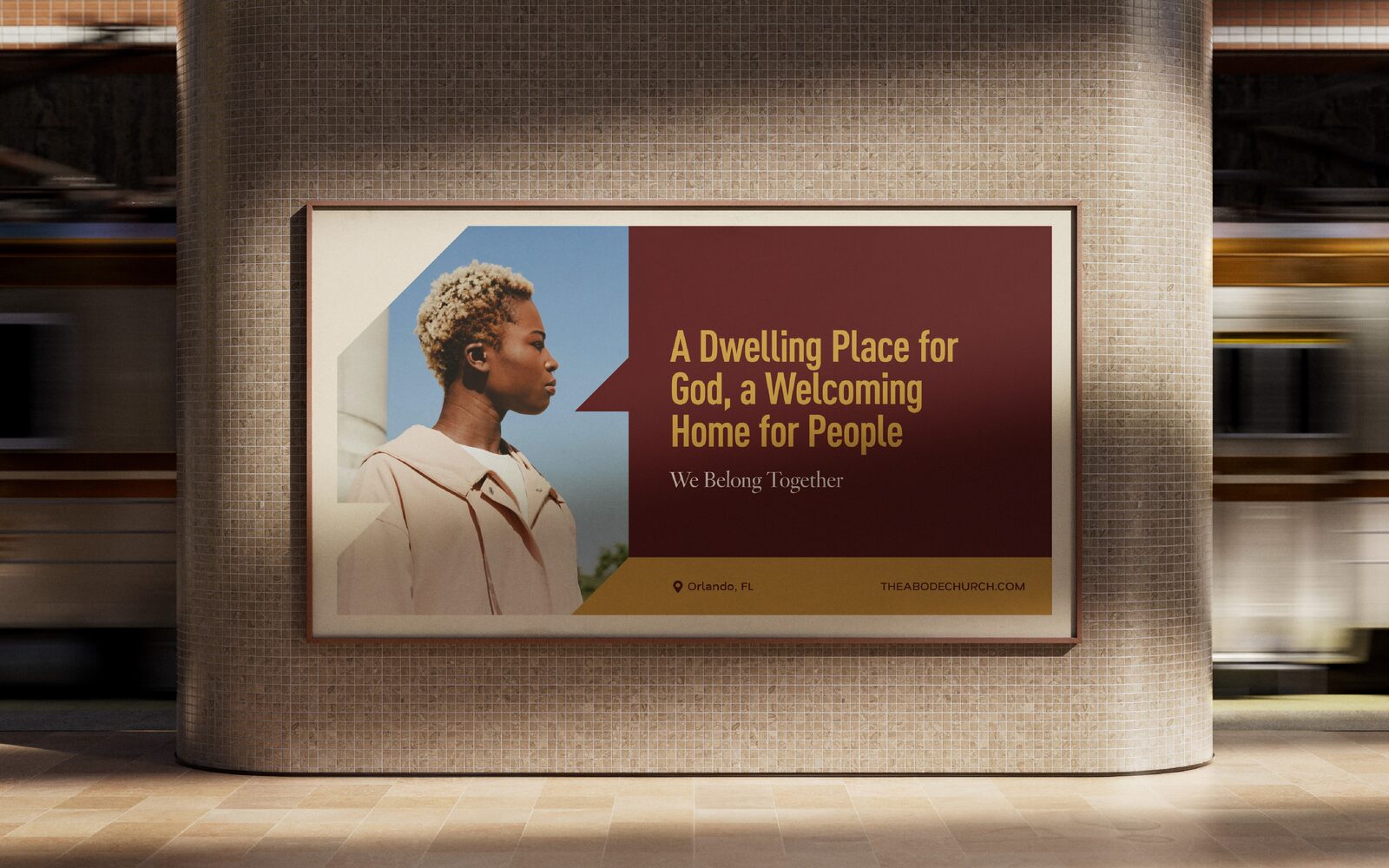 The Abode Church billboard campaign: wordmark, garnet and gold palette, and A Dwelling Place for God, a Welcoming Home for People