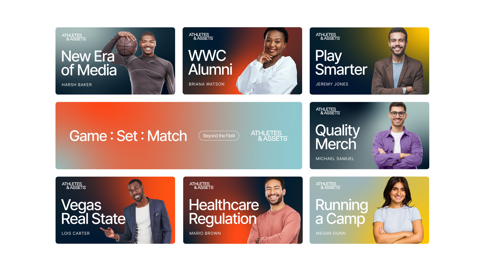 Athletes & Assets podcast episode card grid