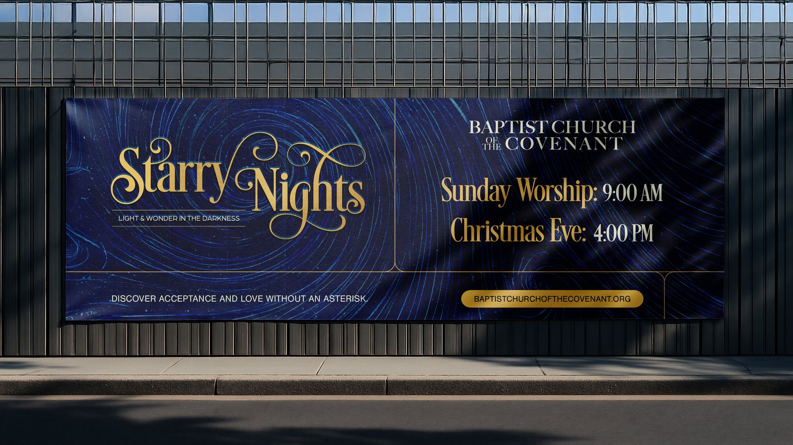 Starry Nights banner with service times beside the title