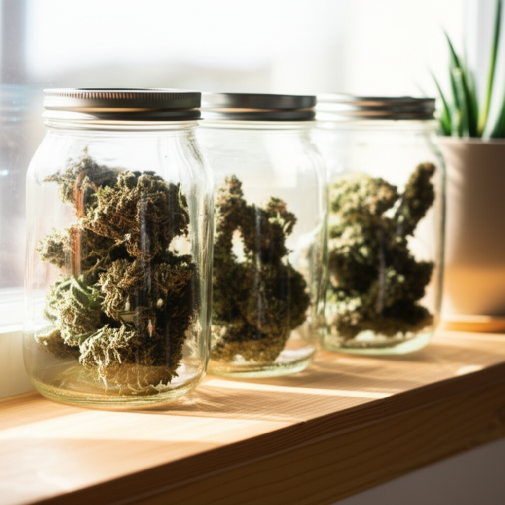 Glass jars of cannabis flower on a wooden shelf in warm sunlight