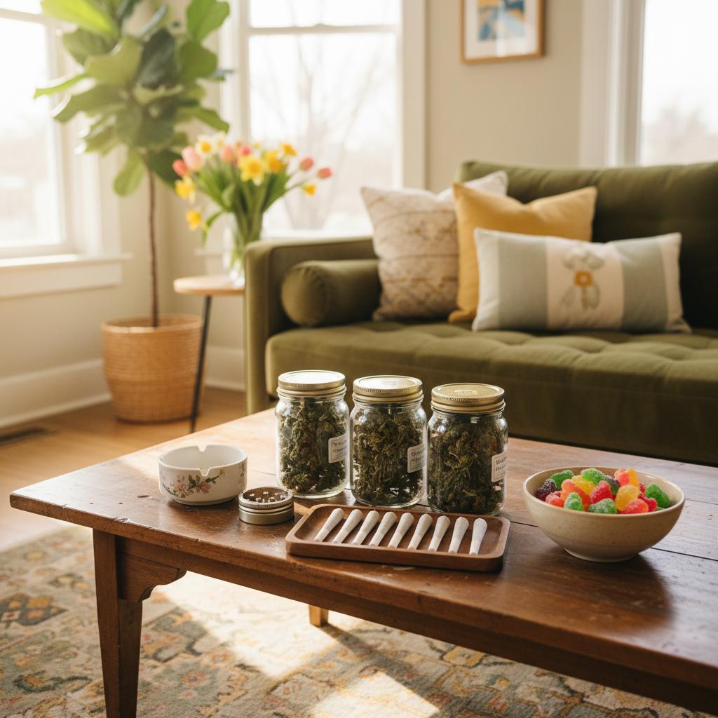 Cannabis products arranged on coffee table for 420 celebration in the Inland Empire