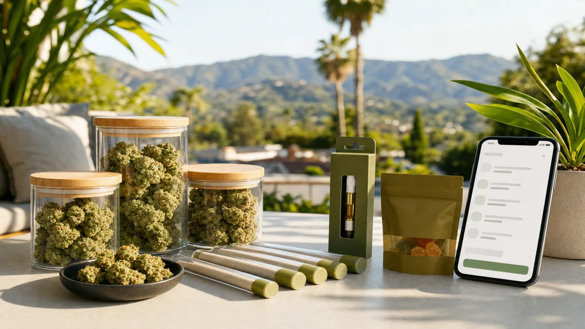 Bright San Dimas cannabis delivery setup with flower jars, pre-rolls, edibles, vapes, and a phone order on a sunny Inland Empire table