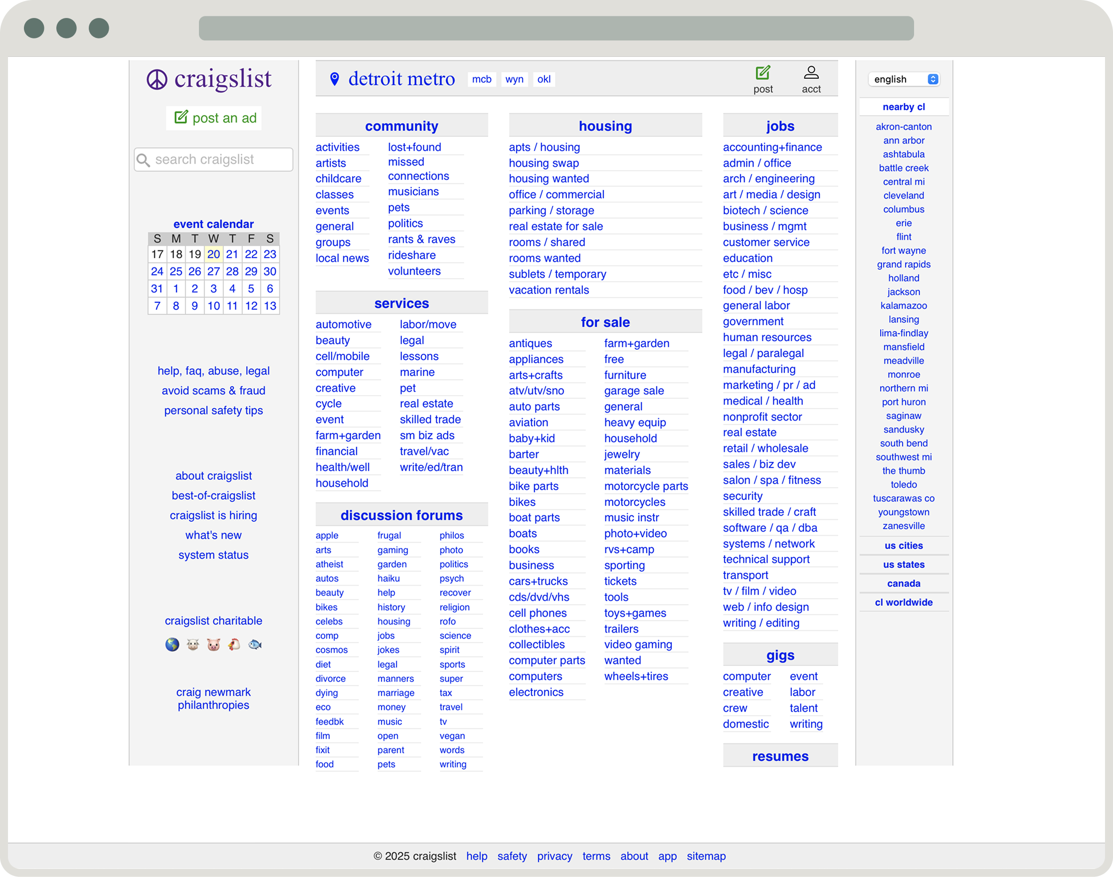 screenshot of the current Craigslist website