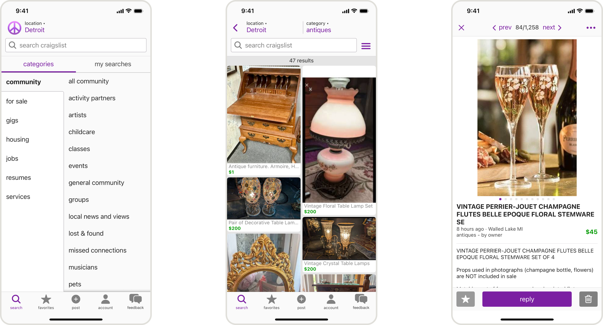 three screenshots of the current Craigslist mobile app