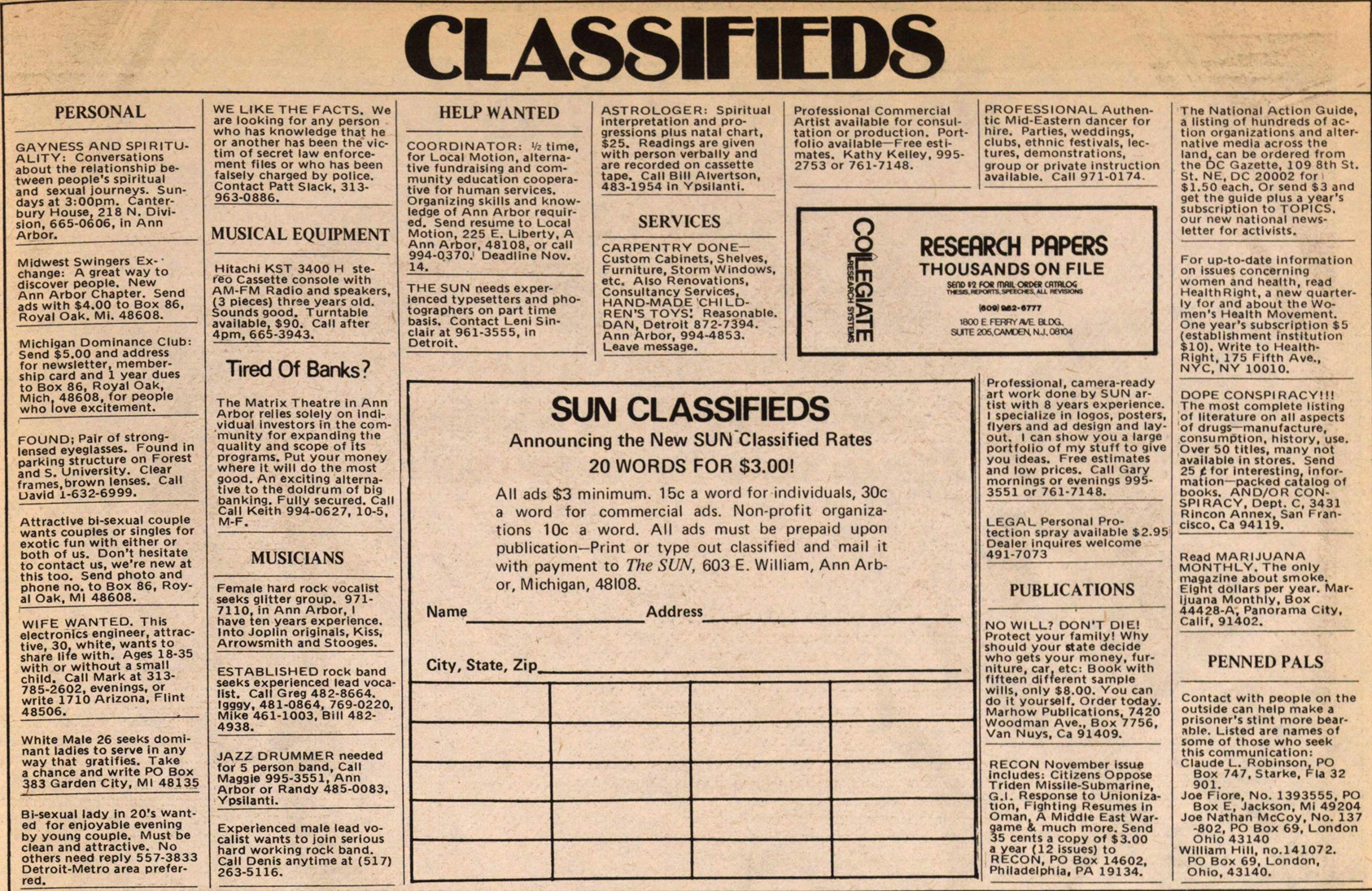 newspaper classifieds from the Ann Arbor Sun (1975)