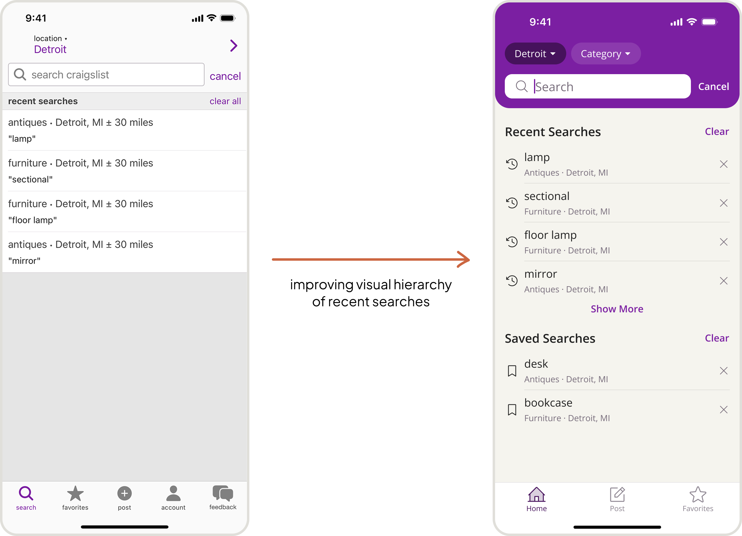screen design for viewing recent searches on Craigslist with annotation of design change