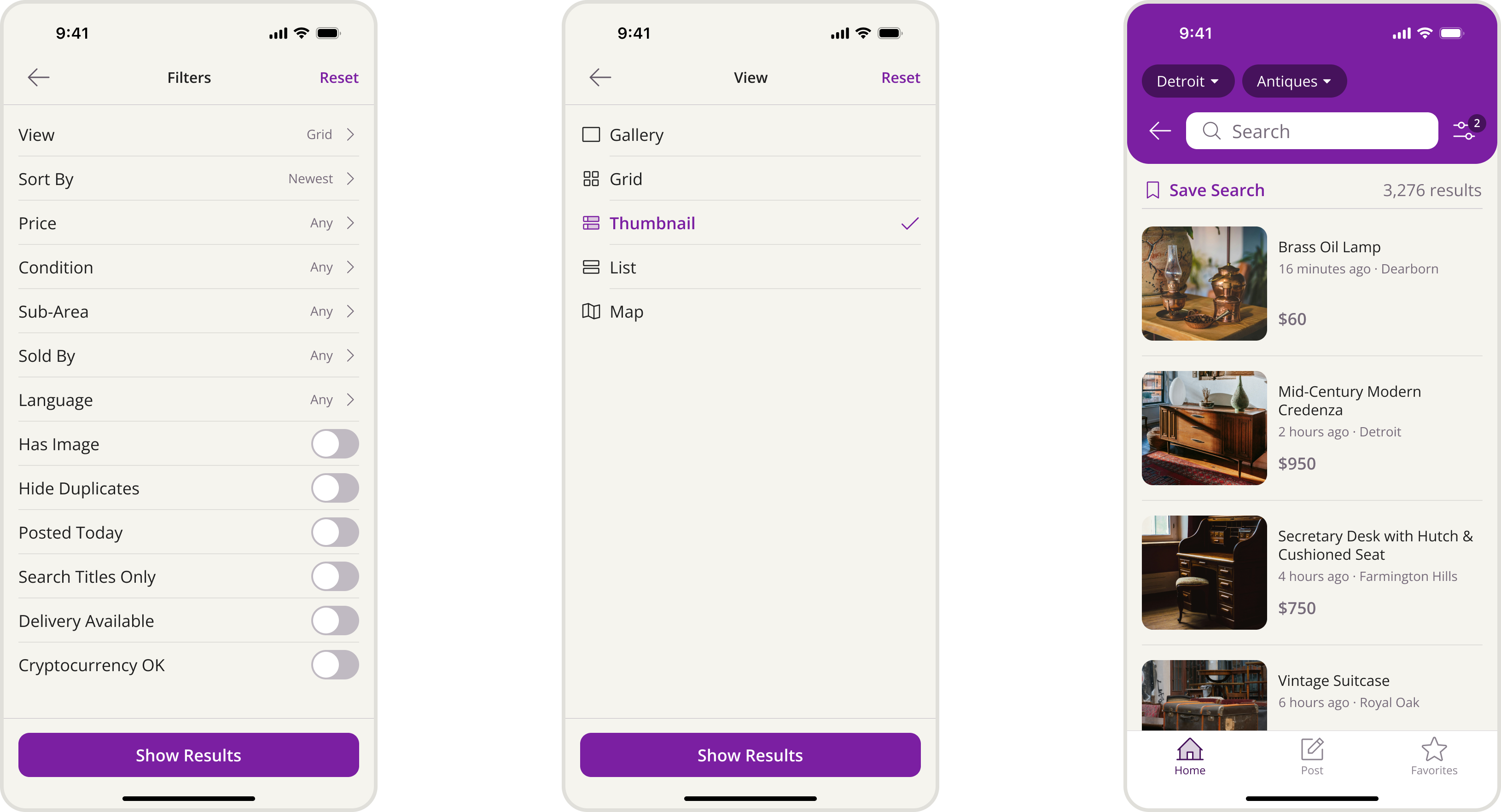 three screen designs for filtering posts on Craigslist