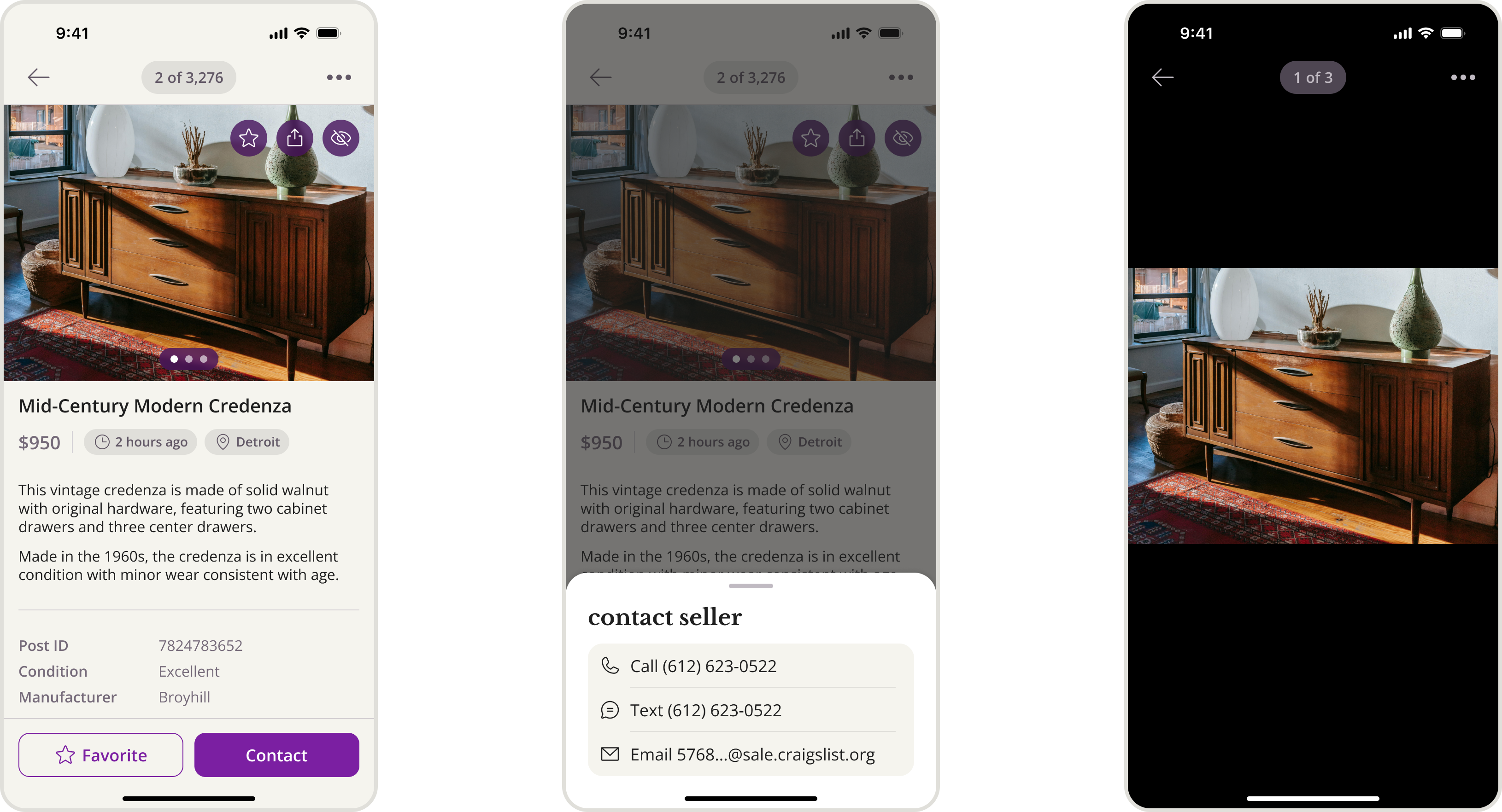 three screen designs for viewing a post on Craigslist