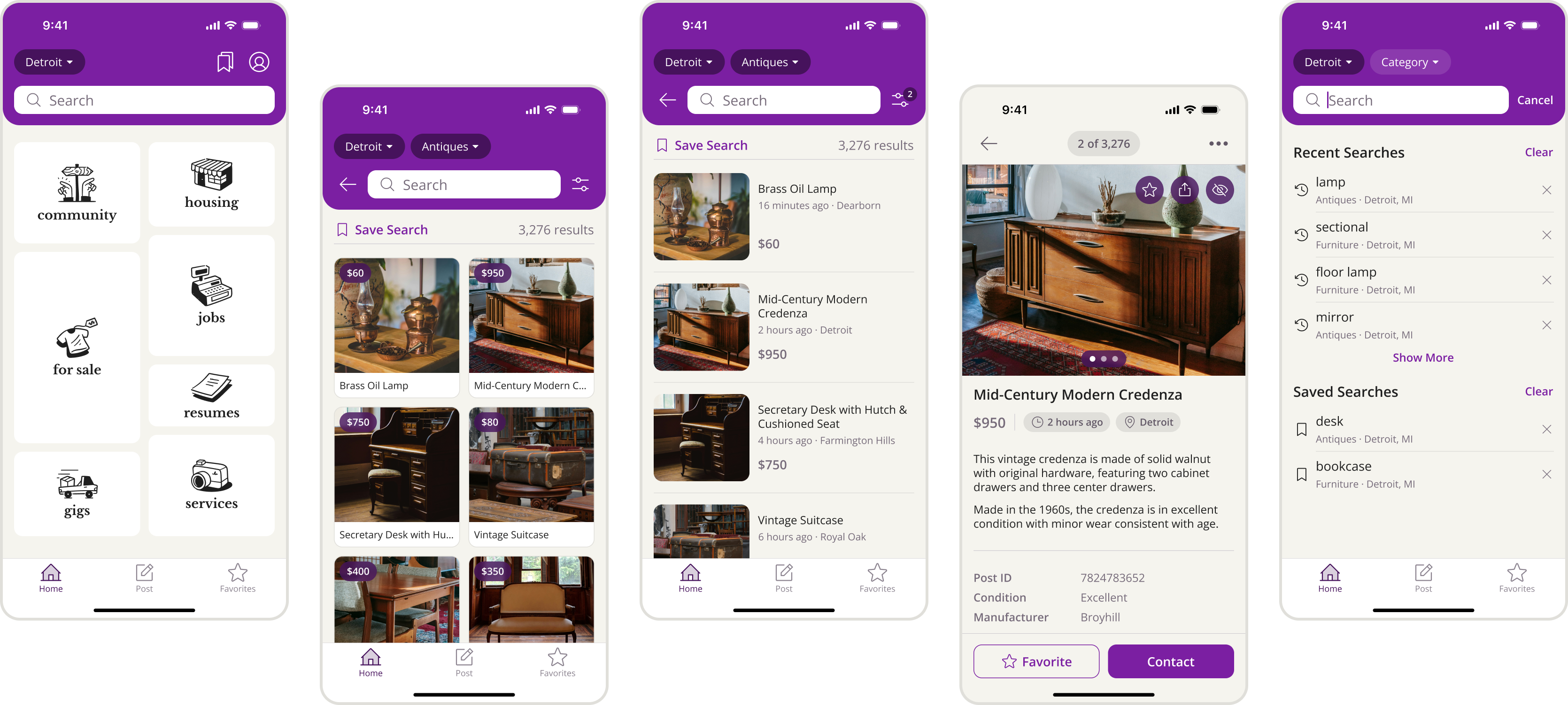 five screen designs for a Craigslist app redesign