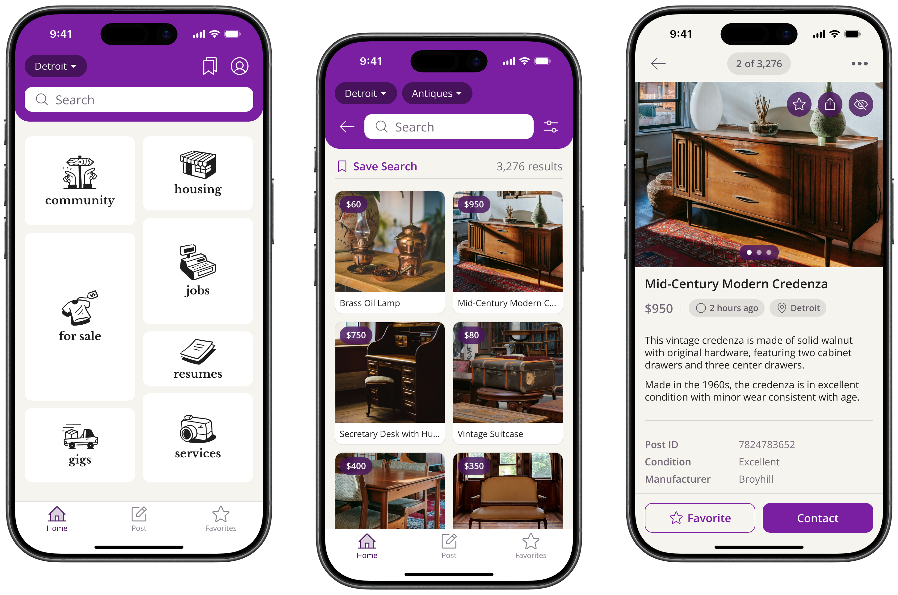 three screen designs for a Craigslist app redesign