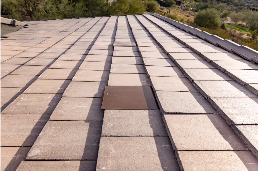 arial shot of a flat tile roof with Coronado Vents