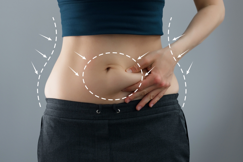 Visual guide on losing menopause belly fat, emphasizing essential fats for women over 40's hormone balance and health.