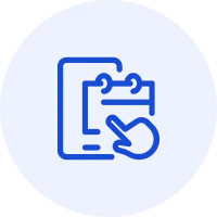 Icon of a hand tapping a checklist on a smartphone screen inside a blue circle, symbolizing flexible scheduling.