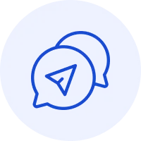 Blue circle icon with two overlapping chat bubbles, one containing a paper airplane symbol representing direct communication.