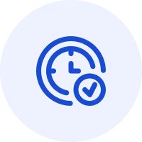 Blue circular icon with a clock and a checkmark symbol.