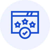 Icon of a browser window with three stars and a checkmark symbol in a blue circular background representing ratings or reviews.