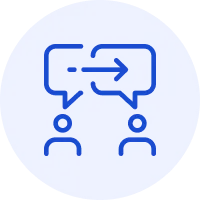 Icon of two people with speech bubbles and a right-pointing arrow indicating communication or message flow.