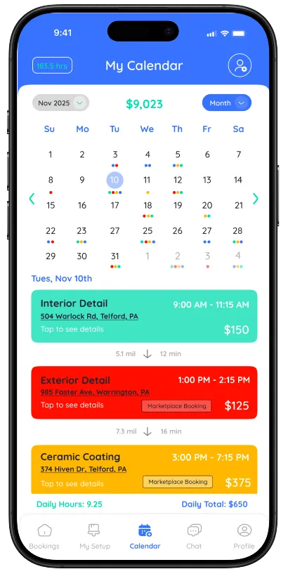 Smartphone screen showing a November 2025 calendar with highlighted appointments for Interior Detail, Exterior Detail, and Ceramic Coating including times, locations, prices, and travel distances.