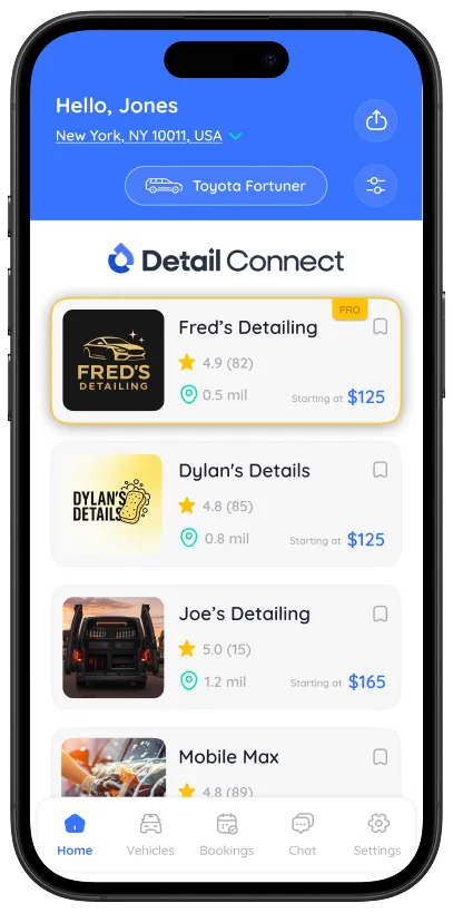Mobile app screen showing car detailing service listings with ratings, distance, and starting prices, featuring Fred's Detailing with a 4.9-star rating and a starting price of $125 in New York.