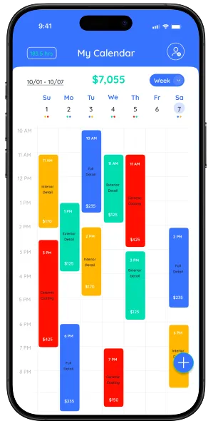 Mobile calendar app screen showing a weekly schedule with color-coded time blocks for tasks including Full Detail, Interior Detail, Exterior Detail, and Ceramic Coating with associated prices.